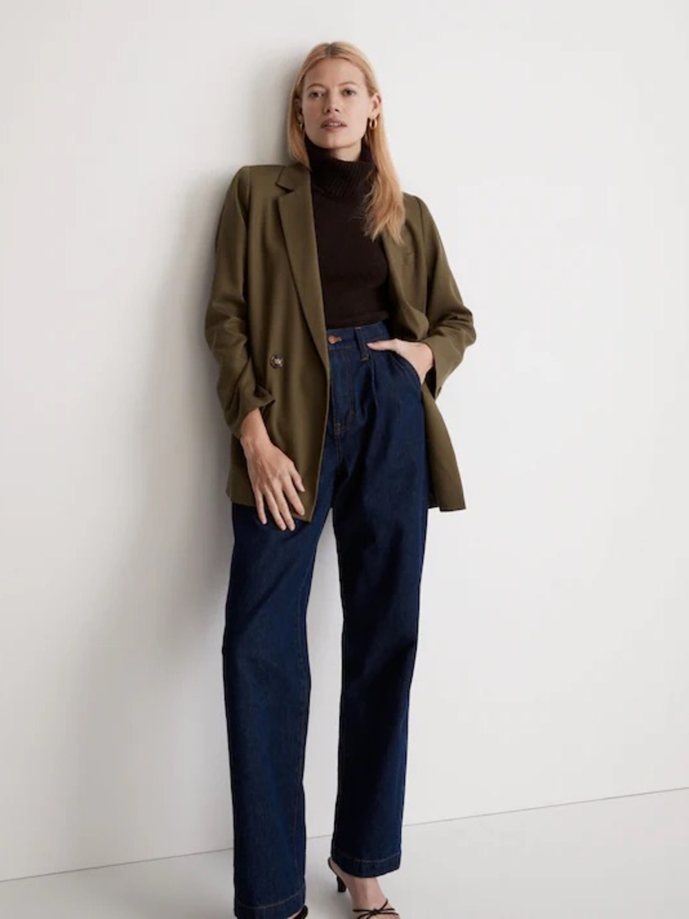 Madewell Drapeweave‎ Caldwell Double-Breasted Blazer in Kale Green.
